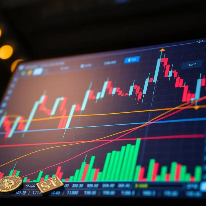 Graph showing upward trends and candlestick patterns on a digital trading platform