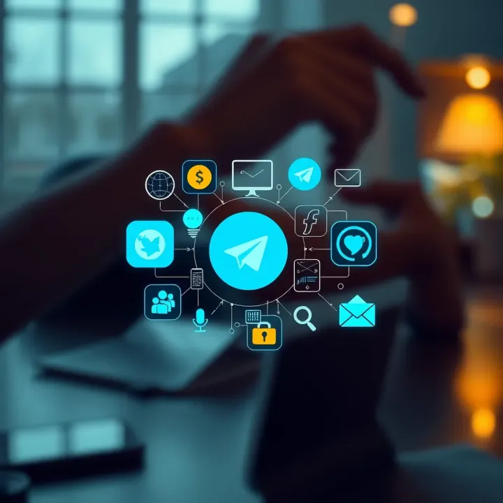 Illustration of diverse digital icons representing communication and sharing in online groups