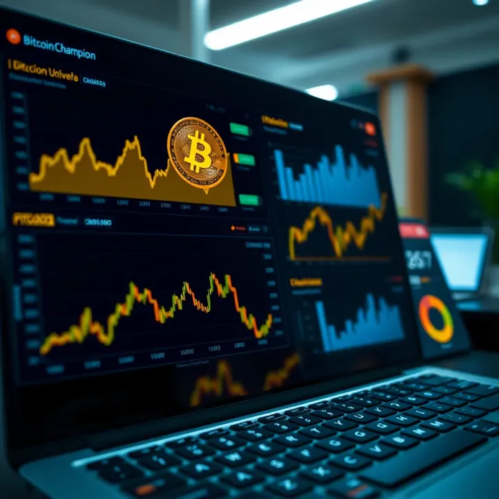 Bitcoin Champion Platform Overview with Data Analytics Digital representation of Bitcoin Champion platform interface with graphs and data analytics