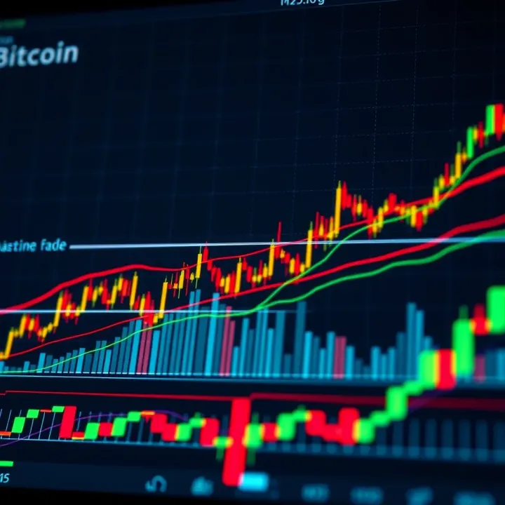 Bitcoin Price Movements and Analytical Indicators Graph showing Bitcoin price fluctuations with technical indicators and trend lines