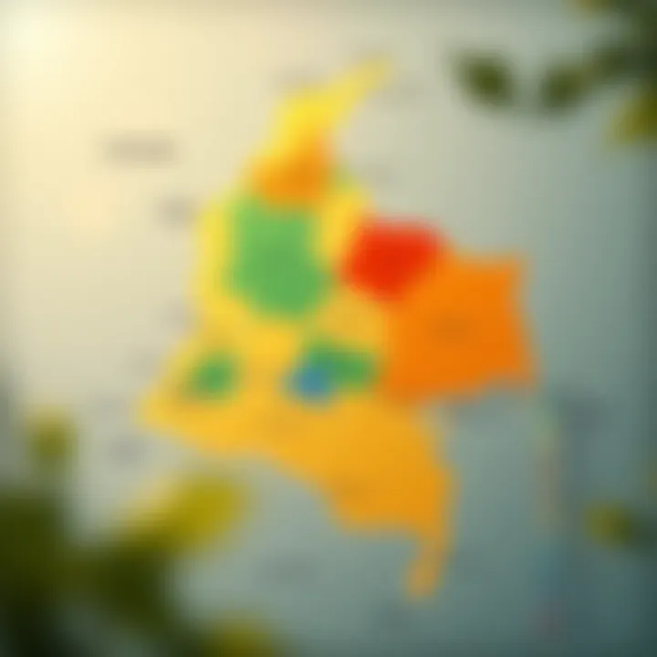 Map of Colombia highlighting regions with different synthetic index values related to social development