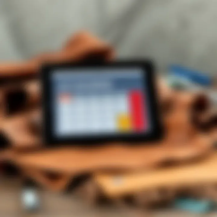 Illustration showing a digital lot calculator on a tablet alongside raw leather pieces and textile swatches