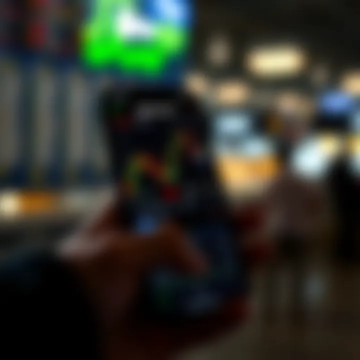 Mobile phone displaying the Deriv.com trading app with financial graphs and market data visible