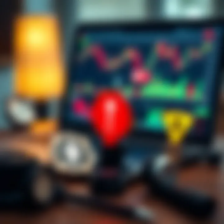 Set of essential trading tools including a laptop with market graphs, financial news, and risk management icons