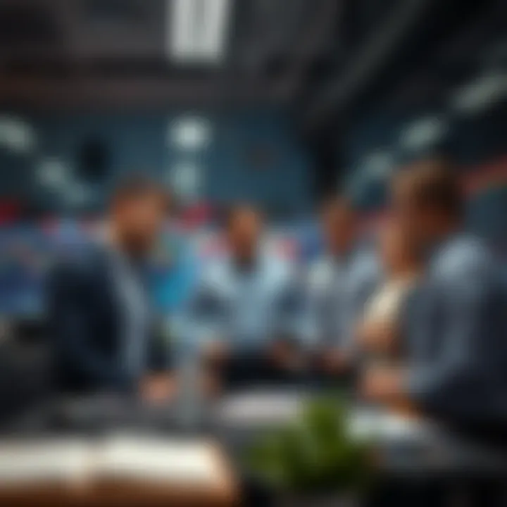 Financial Analysts Collaborating in a Trading Environment Team of financial analysts discussing market trends in a modern trading room