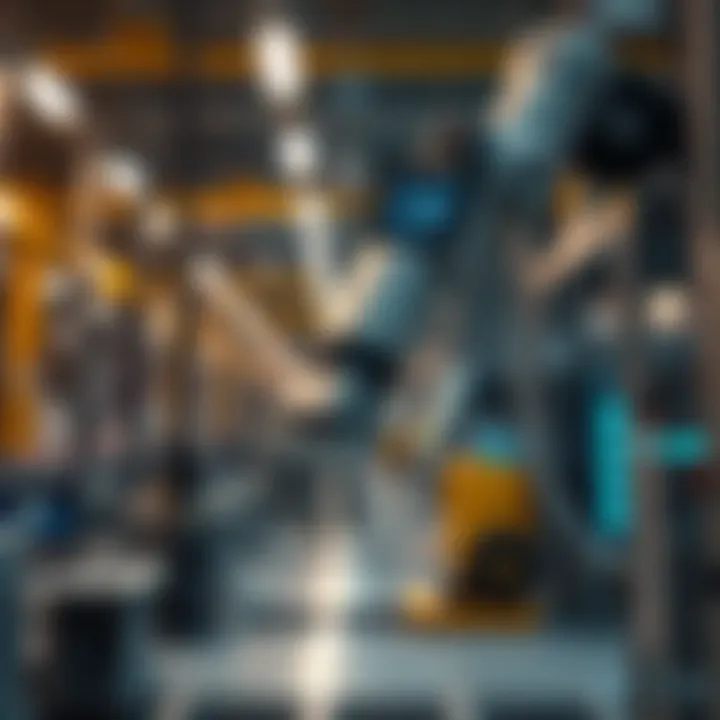 Robot arm with digital interface showing artificial intelligence symbols in a high-tech industrial environment