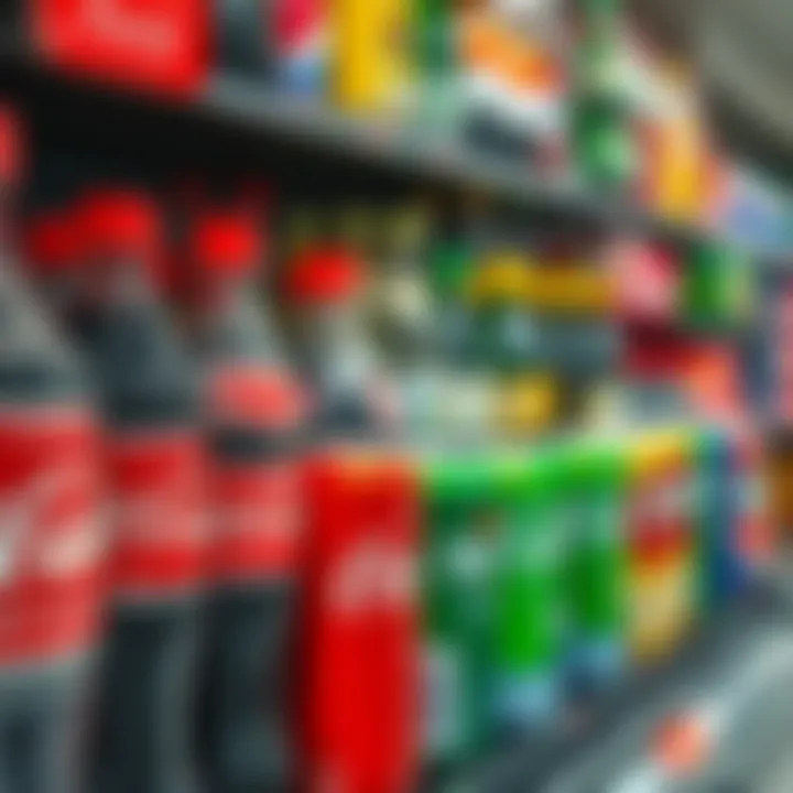 Assorted beverage bottles and cans representing major global competitors of Coca-Cola on a market shelf