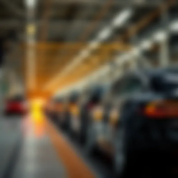 Tesla factory with electric cars in production line
