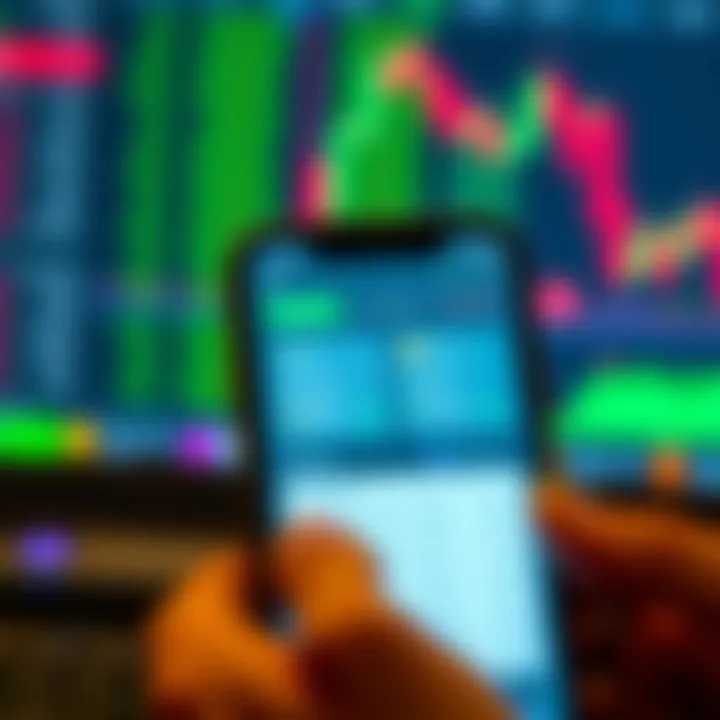 Mobile device displaying a trading application dashboard with charts and investment options