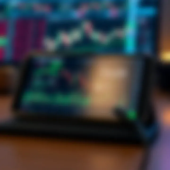 Mobile device displaying trading application dashboard with charts and analytics