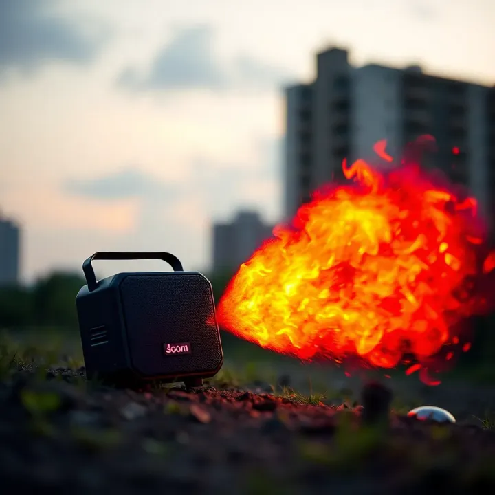 Compact portable audio device emitting vibrant sound waves in an outdoor setting