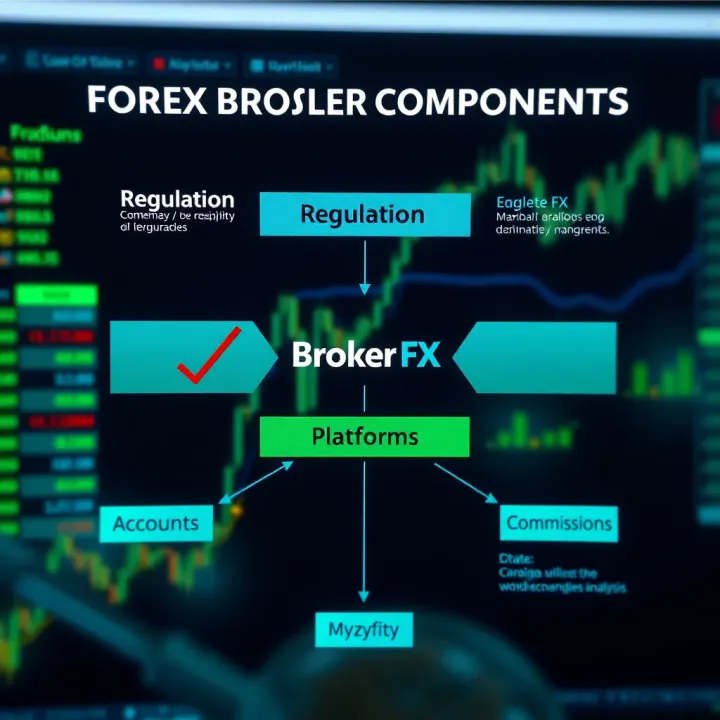 Diagram illustrating the components of a Forex broker including regulation, platforms, accounts, and commissions