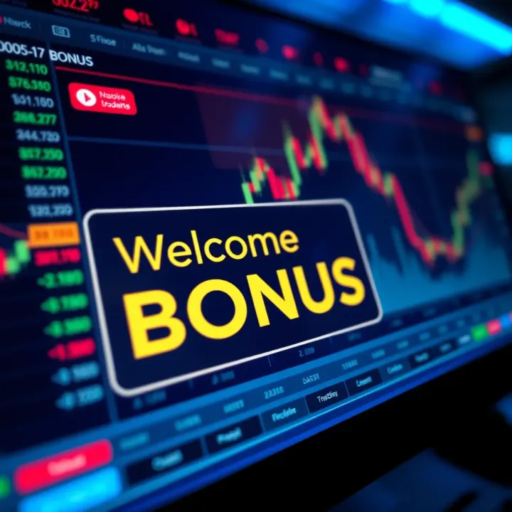 Illustration of a digital trading platform highlighting a welcome bonus offer without deposit