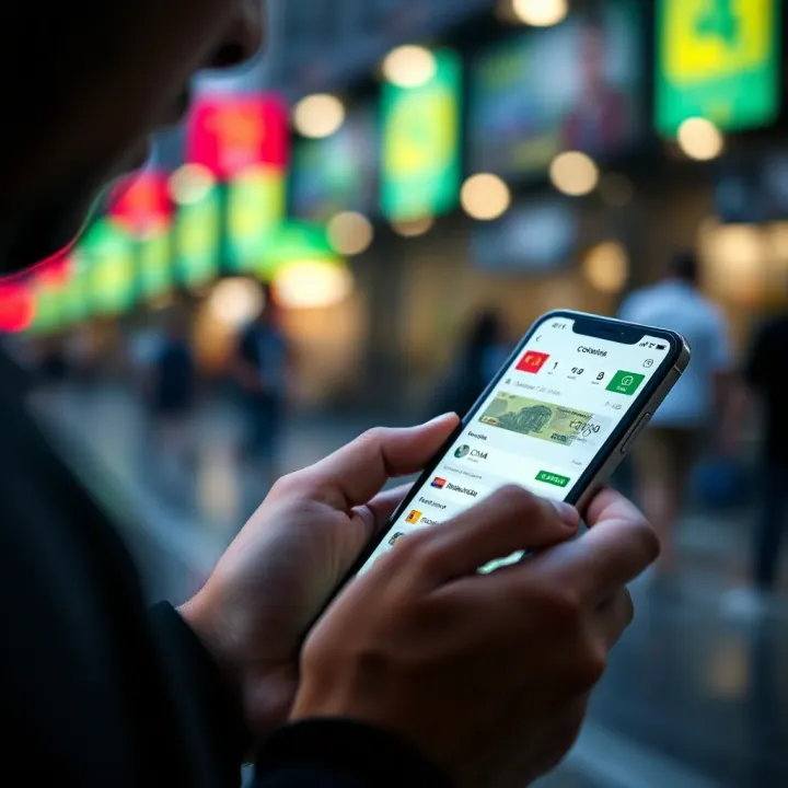 Close-up of a person using a smartphone app to check foreign currency conversion between China and Colombia