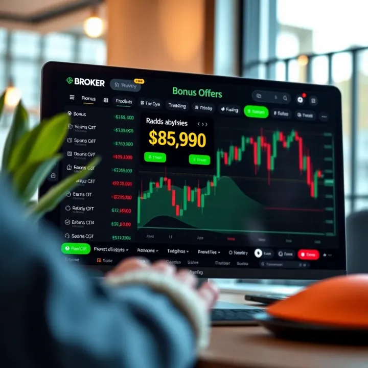 Illustration of a financial broker interface displaying bonus offers and trading options