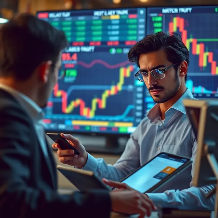 Investor Strategies for Managing Risk in Volatile Markets Investor reviewing market charts on digital devices during volatile trading period