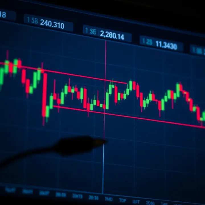 Chart showing classic technical analysis patterns including head and shoulders and double tops on a candlestick graph