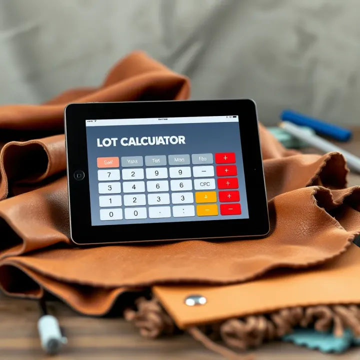 Illustration showing a digital lot calculator on a tablet alongside raw leather pieces and textile swatches