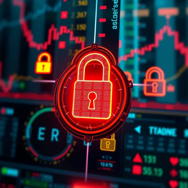 Visual representation of secure online trading with digital locks and financial icons