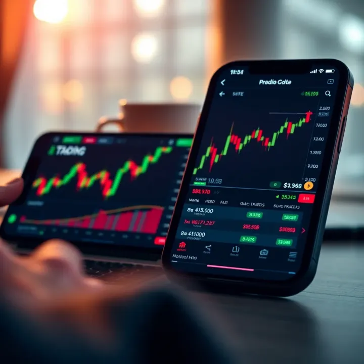 Overview of a mobile trading application interface showing market charts and investment options