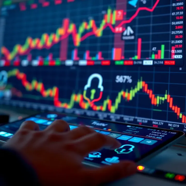 Conceptual illustration of secure trading with digital security icons and financial graphs