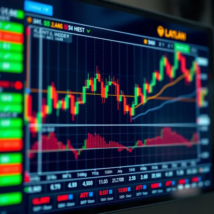 Stock Market Index Analysis with Technical Indicators Chart displaying stock market index fluctuations with candlestick patterns and volume indicators