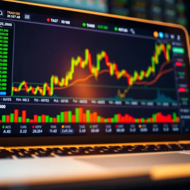 Illustration of a trading platform interface showing graphs, charts, and market data