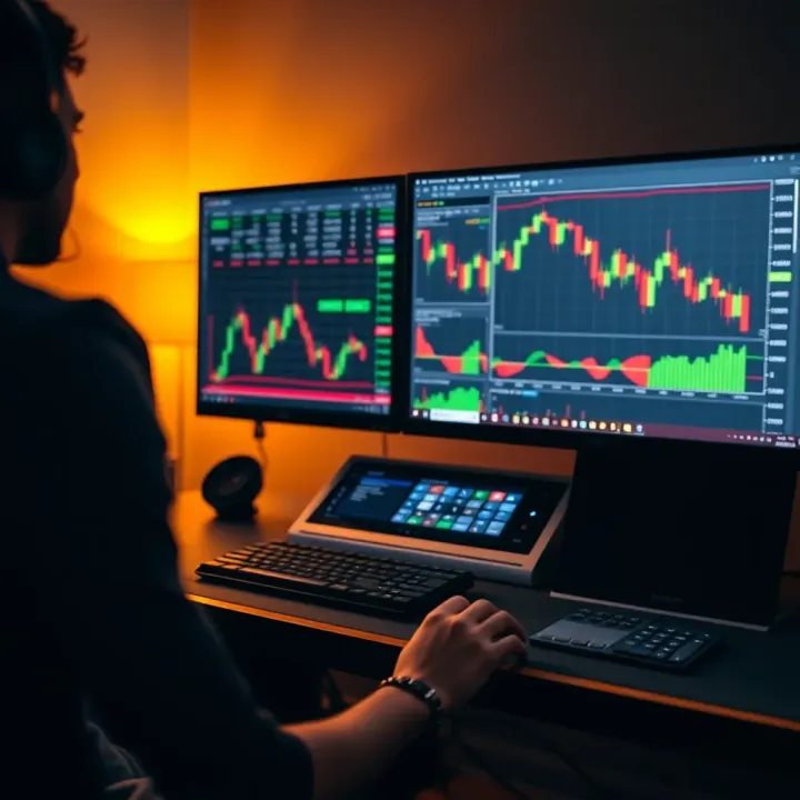 High-Performance Trading Computer Setup High-performance desktop computer setup with multiple monitors displaying stock market charts and trading software