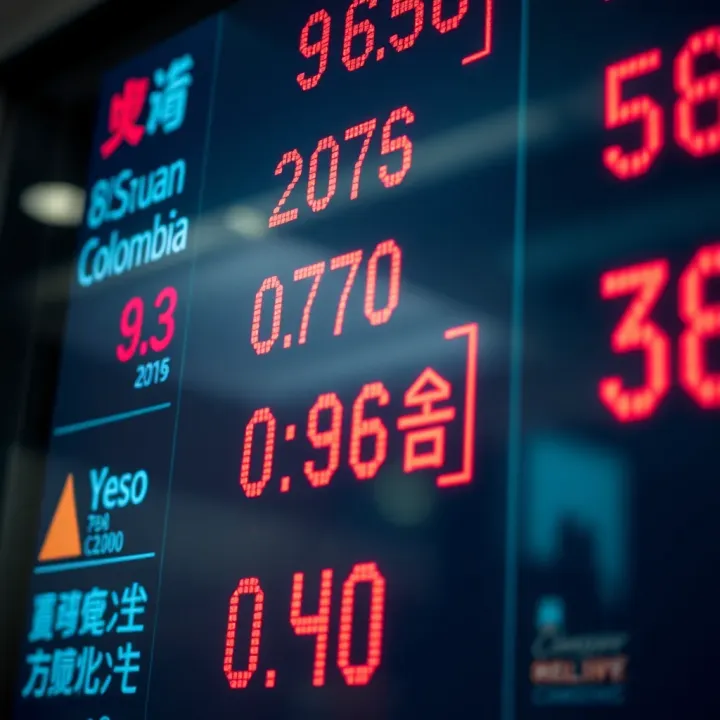 Currency exchange rates displayed on a digital board highlighting Chinese yuan and Colombian peso symbols