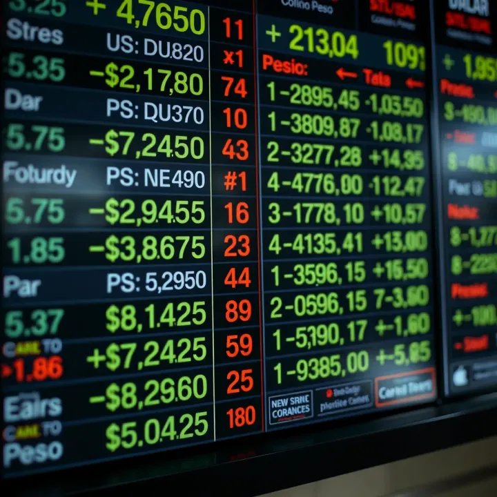 Exchange Rates for US Dollar to Colombian Peso Currency exchange rates displayed on a digital board with various global currencies