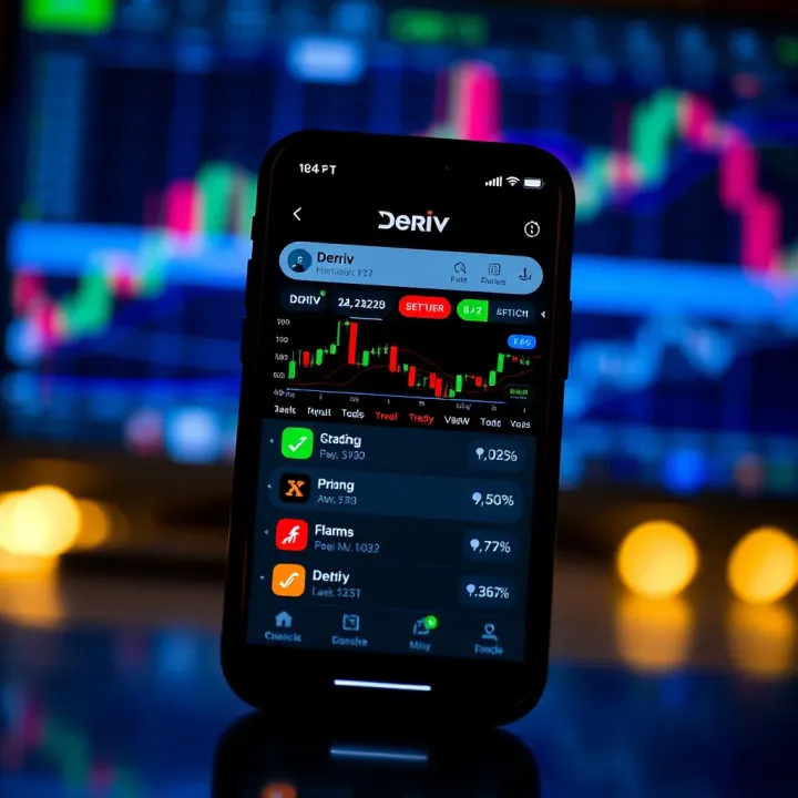 Mobile phone displaying Deriv app main interface with financial trading charts and options