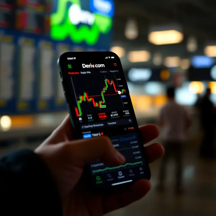 Mobile phone displaying the Deriv.com trading app with financial graphs and market data visible