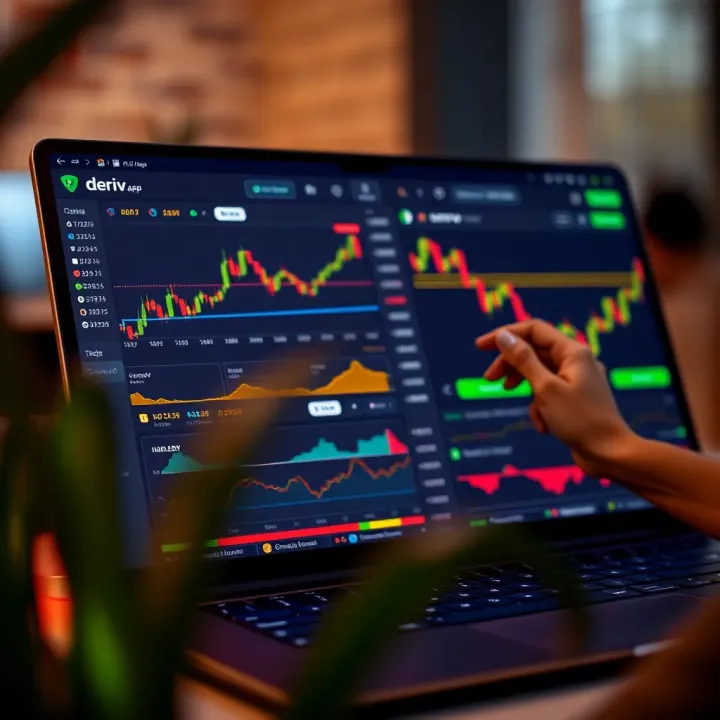 User interface of Deriv.app showing various financial charts and trading instruments