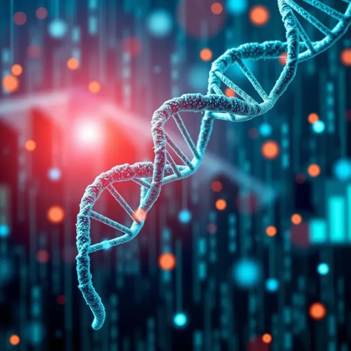 Conceptual representation of DNA strands intertwined with digital data streams symbolizing genetic data exchange