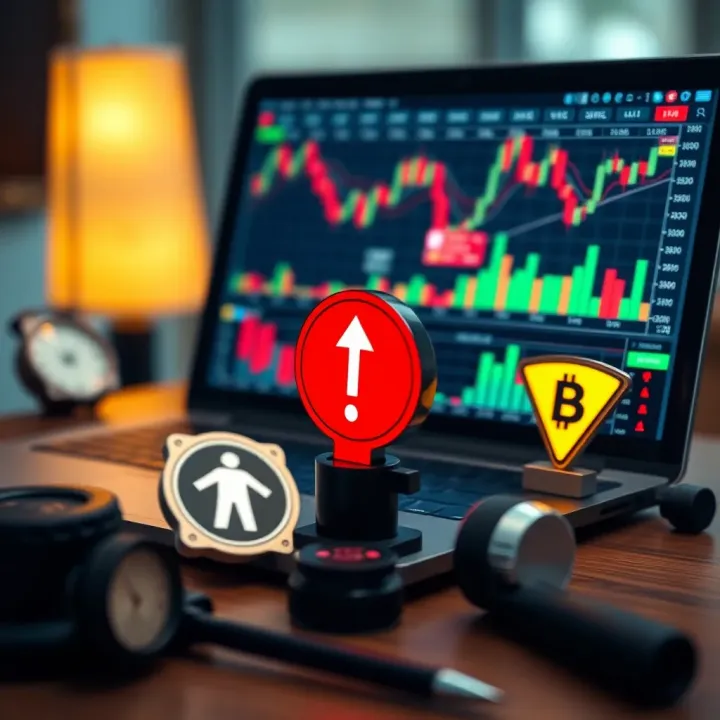 Set of essential trading tools including a laptop with market graphs, financial news, and risk management icons