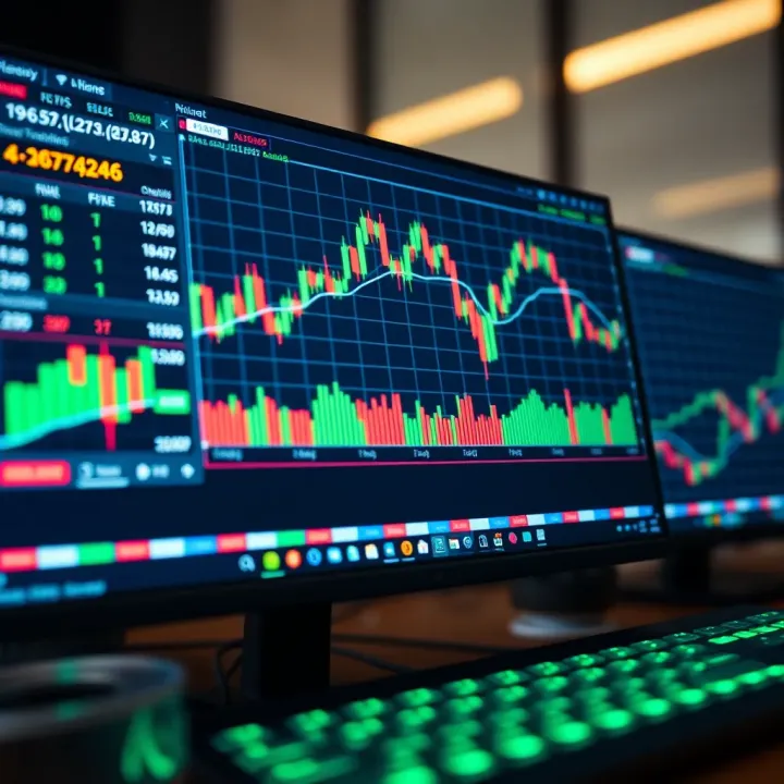 Graphical representation of stock market data and financial analytics on a computer screen