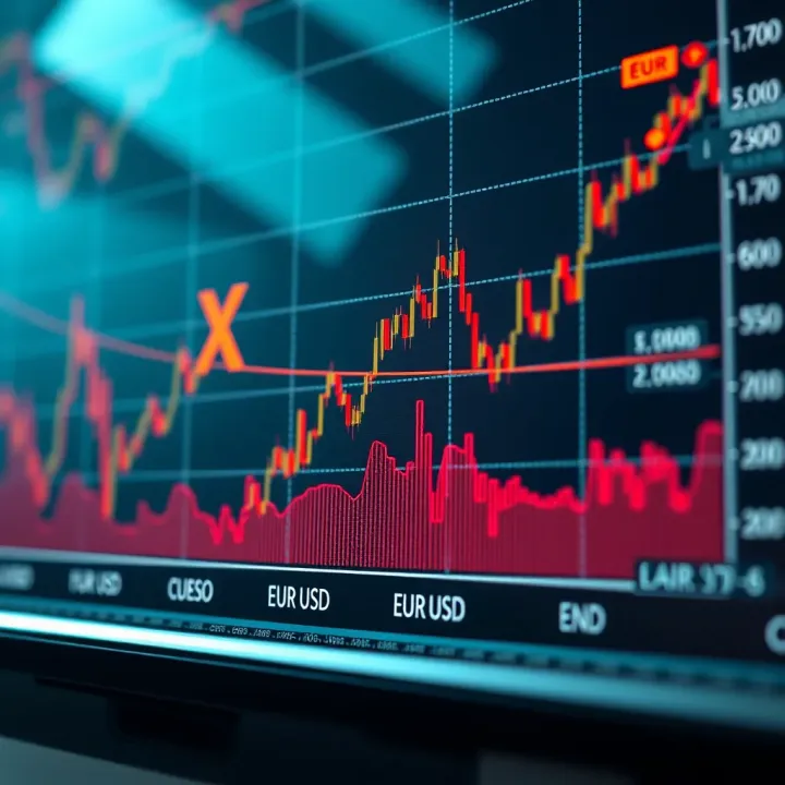 Line chart showing fluctuating EUR/USD exchange rates with trend indicators