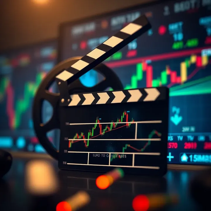 Cinema reel and clapperboard overlaid with stock market graphs and forex symbols