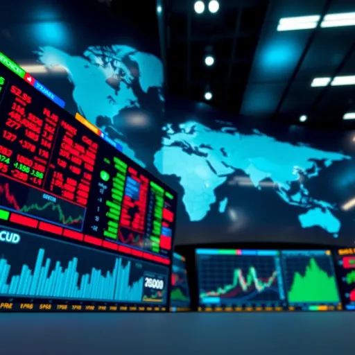 Global currency exchange rates displayed on digital screens with a world map background