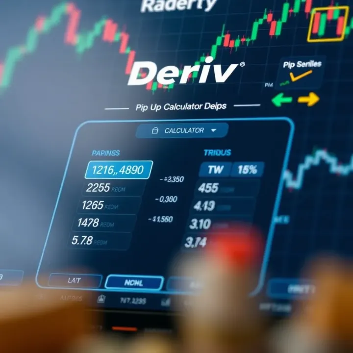 Screenshot of Deriv platform showing pip calculator interface with currency pairs and pip values