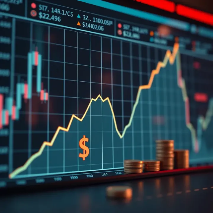 Graph showing upward trend with symbols of currency and trading platforms