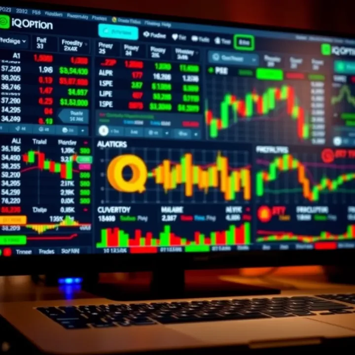 Interface of IQ Option trading platform showing various financial instruments and live charts