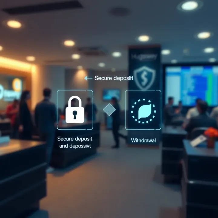 Illustration of secure financial transactions with icons representing deposits and withdrawals