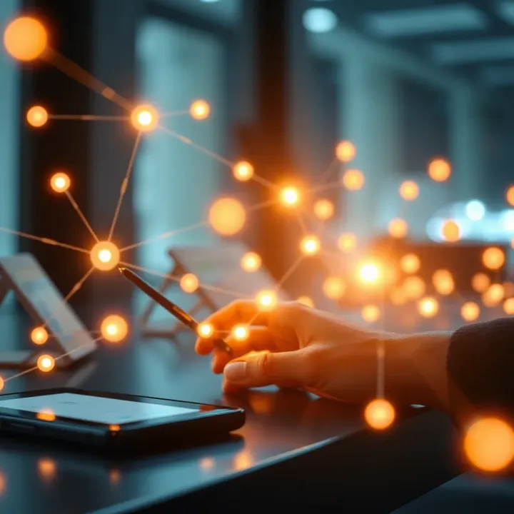 Digital devices connected by glowing lines representing instant communication