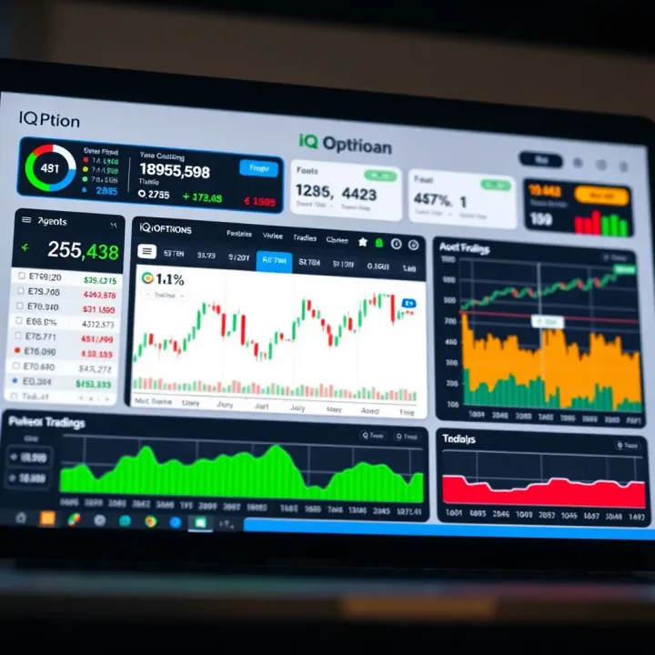 Dashboard interface of IQ Option platform showing various trading instruments and charts