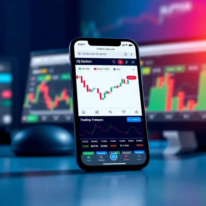 Mobile device displaying IQ Option trading app interface with charts and market data