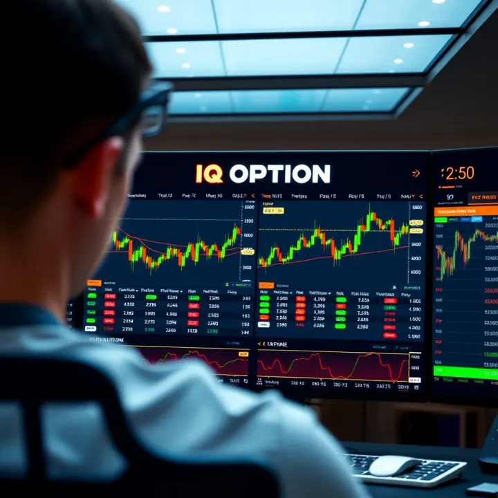 Dashboard of the IQ Option trading platform displaying various financial instruments and trading options