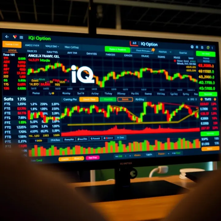 User interface of IQ Option trading platform showing various financial instruments and live market data