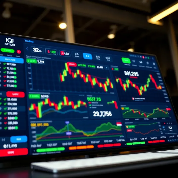 Dashboard view of IQ Option trading platform showing various financial instruments and market data