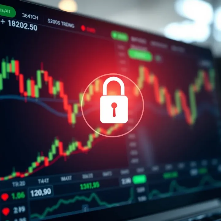 Secure online trading platform interface with financial charts and secure lock icon